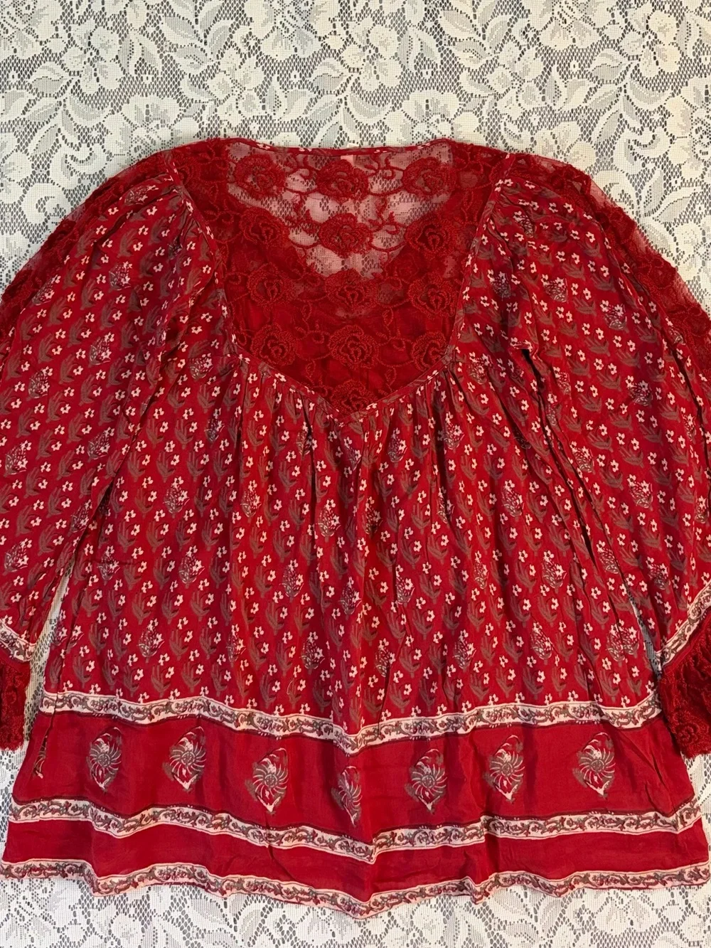 Free People Nomad Child Red Lace Inset Bell Sleeve Boho Mini Dress